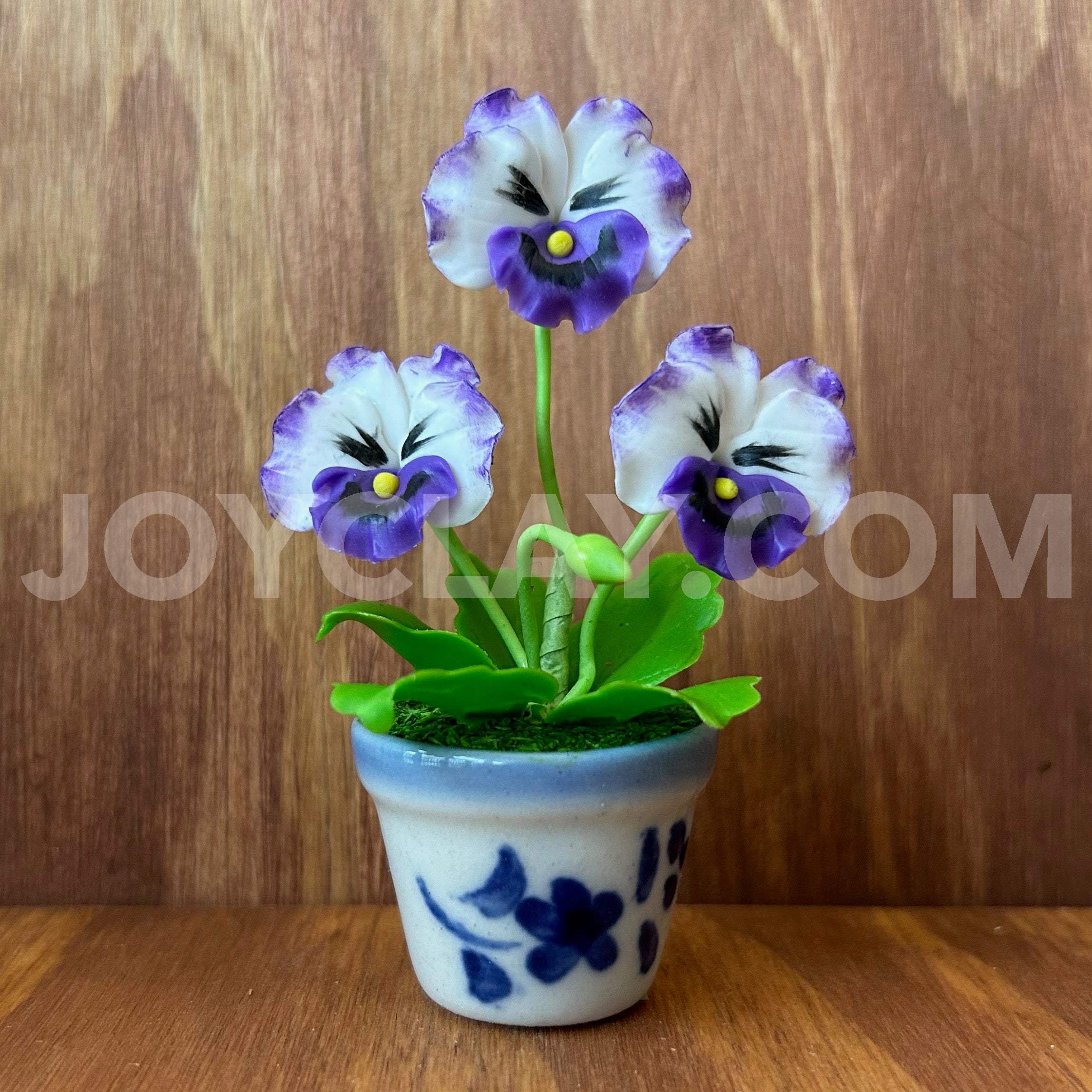 White and Purple Pansy Small Mini Cute Clay Flower Hand Sculpted